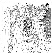 A princely couple stands in the foreground interlocking arms, followed by other couples