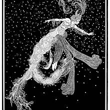 A female creature wearing an elaborate feathered hat is seen floating in the starry sky