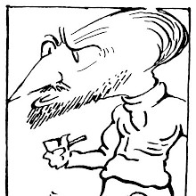 Caricature portrait of Joseph Conrad holding a pipe and looking angry