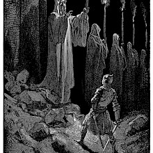 A man knight stands facing a towering and spectral figure holding a candle