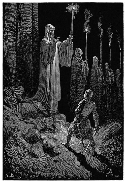 A man knight stands facing a towering and spectral figure holding a candle