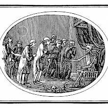 A crowned skeleton sits on a throne and admonishes a group of sickly and crippled men