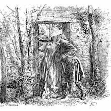 A couple in eighteenth-century dress stands in a garden doorway, kissing passionately