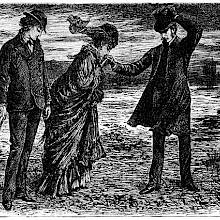 A woman kisses the hand of a man in a top hat on a bleak river bank