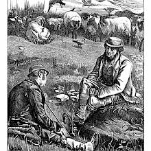 Two shepherds are sitting in a meadow, talking together as sheep graze in the background