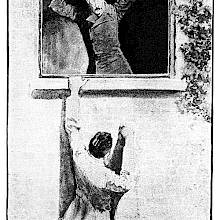 A man hangs outside a window as another wields a meat cleaver from inside