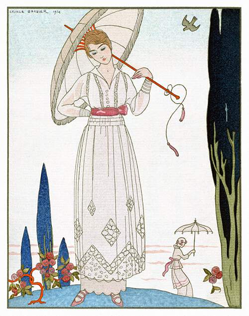 A woman carrying a parasol stands next to a small rose bush, in a park dotted with cypresses