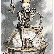 A crowned skeleton symbolizing Death sits pensively on a globe, holding an arrow
