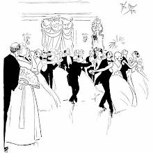 Guests at a ball are engaged in a dance, forming some ill-matched couples