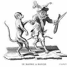 A monkey in court dress and holding a violin is showing a step to another, awkward-looking monkey