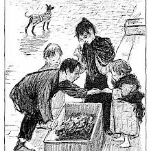 A boy hands other children some dandelions out of a large box