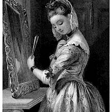 A young woman holding a fan stands before a mirror, adjusting the neckline of her bodice