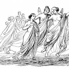 Two winged female creatures are showing the way to a woman rising from the sea