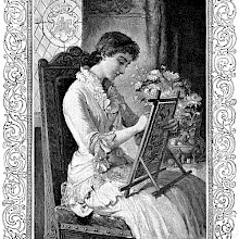 A woman sitting on a chair is busy embroidering a canvas mounted on a frame