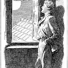 A young man stands by an open window in an upstairs room looking at the moon