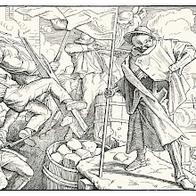 Fifth plate of Rethel’s Dance of Death showing Death on a barricade as insurgents fall fighting