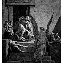 An angel holding a sword walks away from women lamenting over their dead children