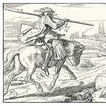 Plate two of Rethel’s Dance of Death shows Death traveling on horseback toward a walled city