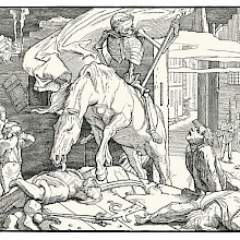 Sixth woodcut of Rethel's Dance of Death showing Death riding a horse after an insurrection
