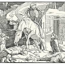 After the battle, Death, crowned with a laurel wreath, rides his horse to the top of a barricade