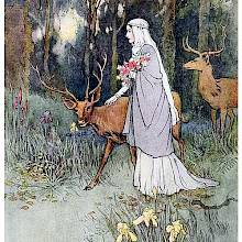 A young woman carrying a bunch of flowers walks in the woods followed by two deer