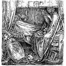 A woman in a hooded cloak sits on a bed beside a wounded man and plucks the leaves from a laurel wreath