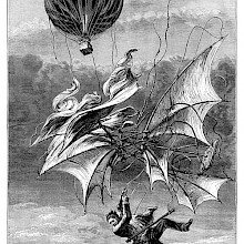 A man falls through the sky, desperately clinging to a winged apparatus as a balloon hovers above