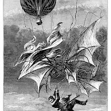 A man falls through the sky, desperately clinging to a winged apparatus as a balloon hovers above