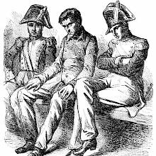 A man is sitting on a bench in the custody of two policemen wearing two-pointed hats