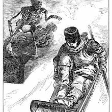 A man riding a toboggan down a slope is pursued by a skeleton in a coffin