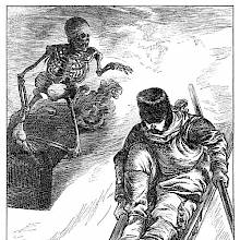 A man riding a toboggan down a slope is pursued by a skeleton in a coffin