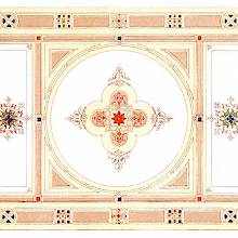Tripartite decorative panel with an ornate quatrefoil inside a circle in the middle section
