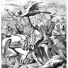 A man on horseback is taking part in a battle and waving his fist