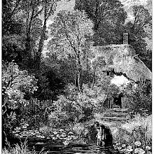 A woman fills a jug at a pond surrounded by lush vegetation, with a thatched cottage in the background