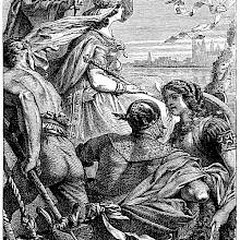A king throws a piece of garment from a boat followed by that of a couple in armor