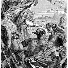 A king throws a piece of garment from a boat followed by that of a couple in armor