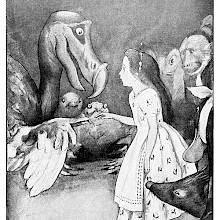 The dodo holds a thimble between two remiges and gives it to Alice