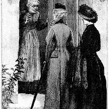 A woman greets two lady visitors at her doorstep with joyful demonstrations
