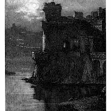 Night scene showing the moonlit tower of a medieval castle overlooking a lake
