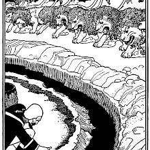 A man scatters powder on the edge of a circular ditch as a group of lions moves toward him
