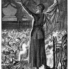 An exuberant demon stands on a tableat a banquet where the guests are dying