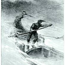 A man steers a boat on a rough sea, standing at the stern