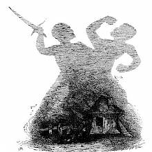 The tall shadows of two men fighting are projected behind a small hut