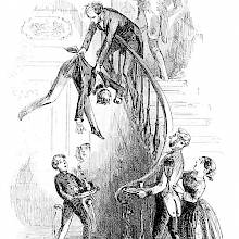 A man in a staircase holds another over the banister as though about to drop him