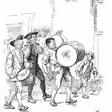 Marching men play the drums and flute in the street, sparking the interest of a sparse audience