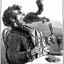 A man sitting at a table and holding his cutlery has a cat diving into his open mouth