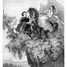 A woman rides a horse rearing up on the edge of a cliff as a man tries to control the steed