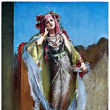 A woman in oriental dress and wreathed in red flowers stands leaning her head on her hand