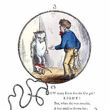 A cat is cornered by a boy hiding a noose weighted with a stone behind his back