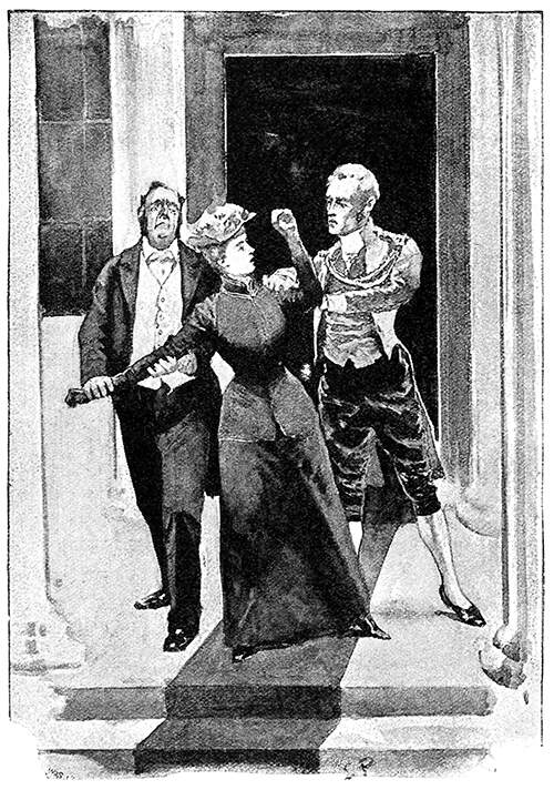 A young woman puts up a mild struggle as she is thrown out of a house by servants